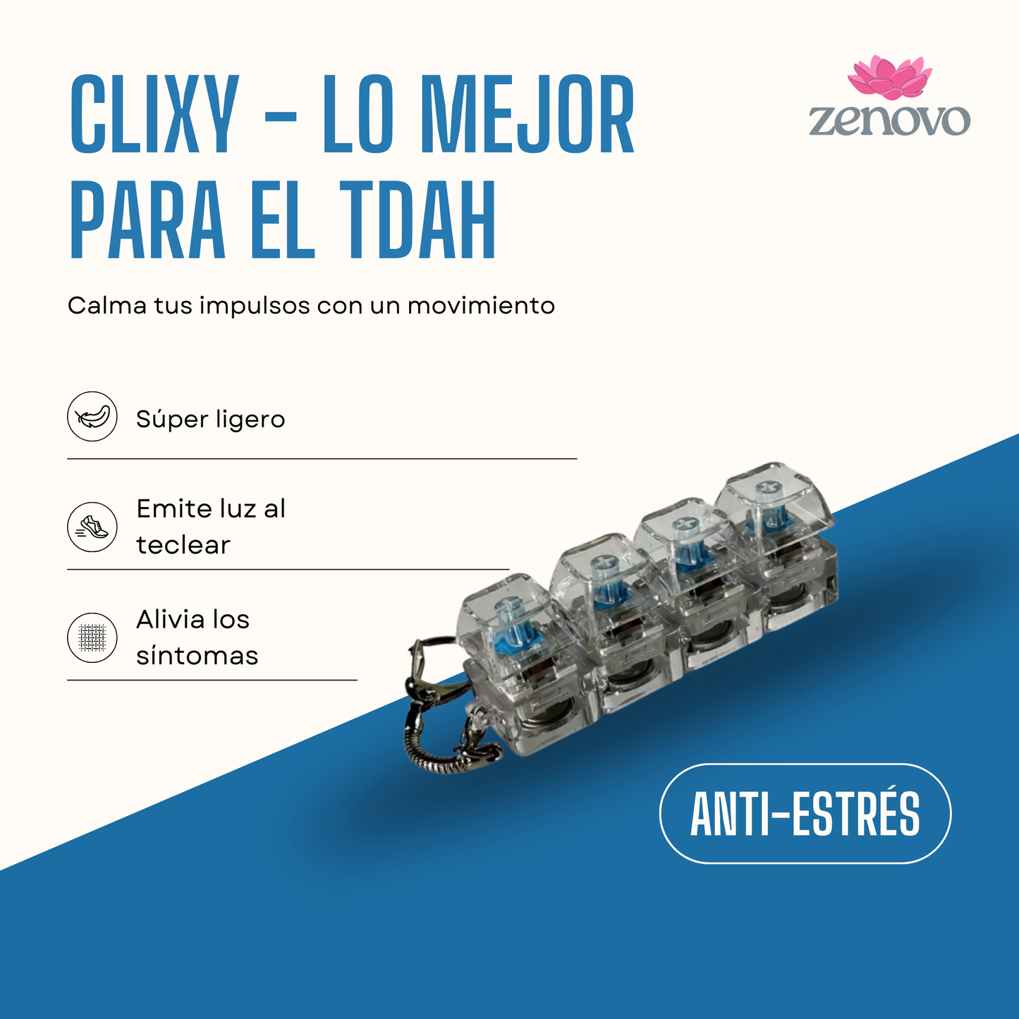 Clixy - Llavero anti-estrés 4 teclas con luces LED transparente