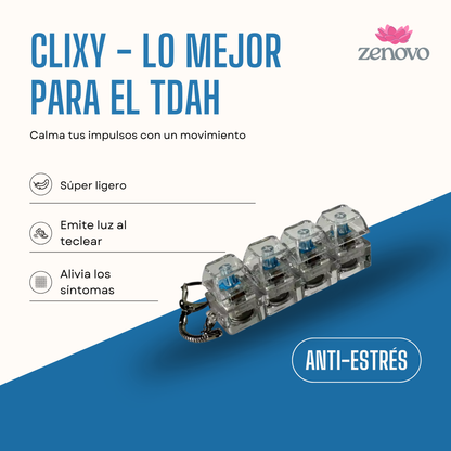 Clixy - Llavero anti-estrés 4 teclas con luces LED transparente